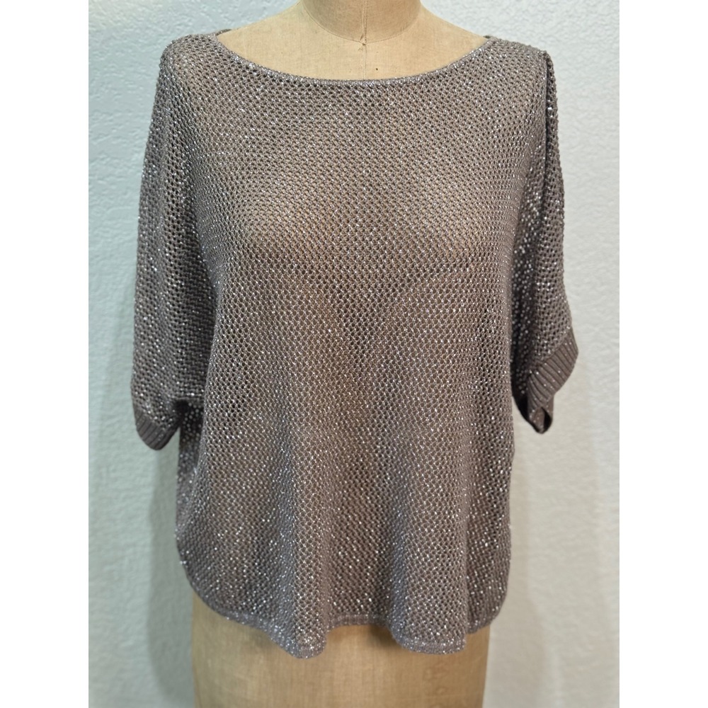 ana A New Approach Petite Metallic Open Knit Sweater Top Taupe Silver Batwing